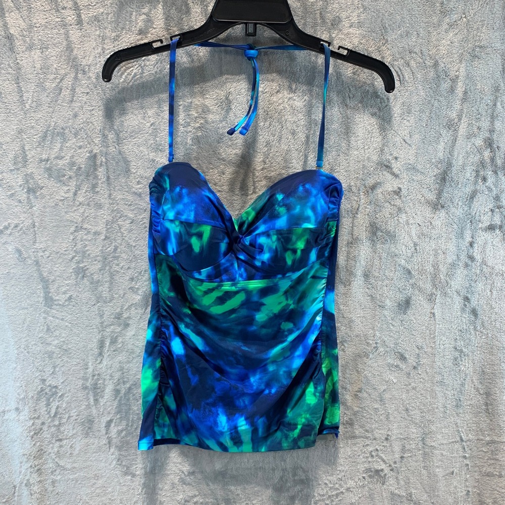 Mimi Flamingo Womens Blue Tie Dye Halter Tankini Top Ruched Padded Swimwear 12